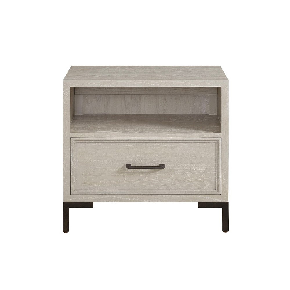 Bedy Nightstand, Drawer n Cubby, Black Metal, Antique White Oak Wood -BM333180