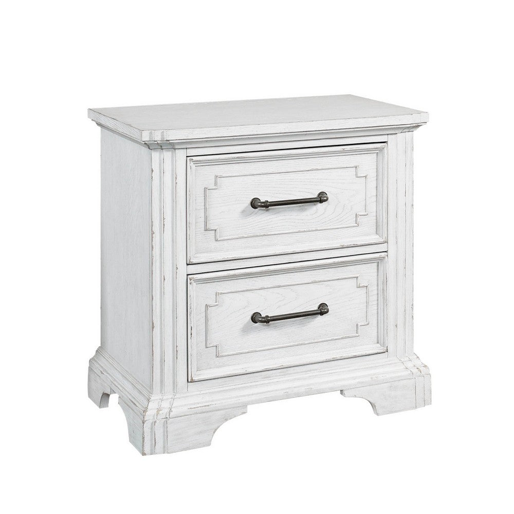 Lesy Nightstand, 2 Drawers, Black Metal, Vintage White Poplar Wood -BM333186