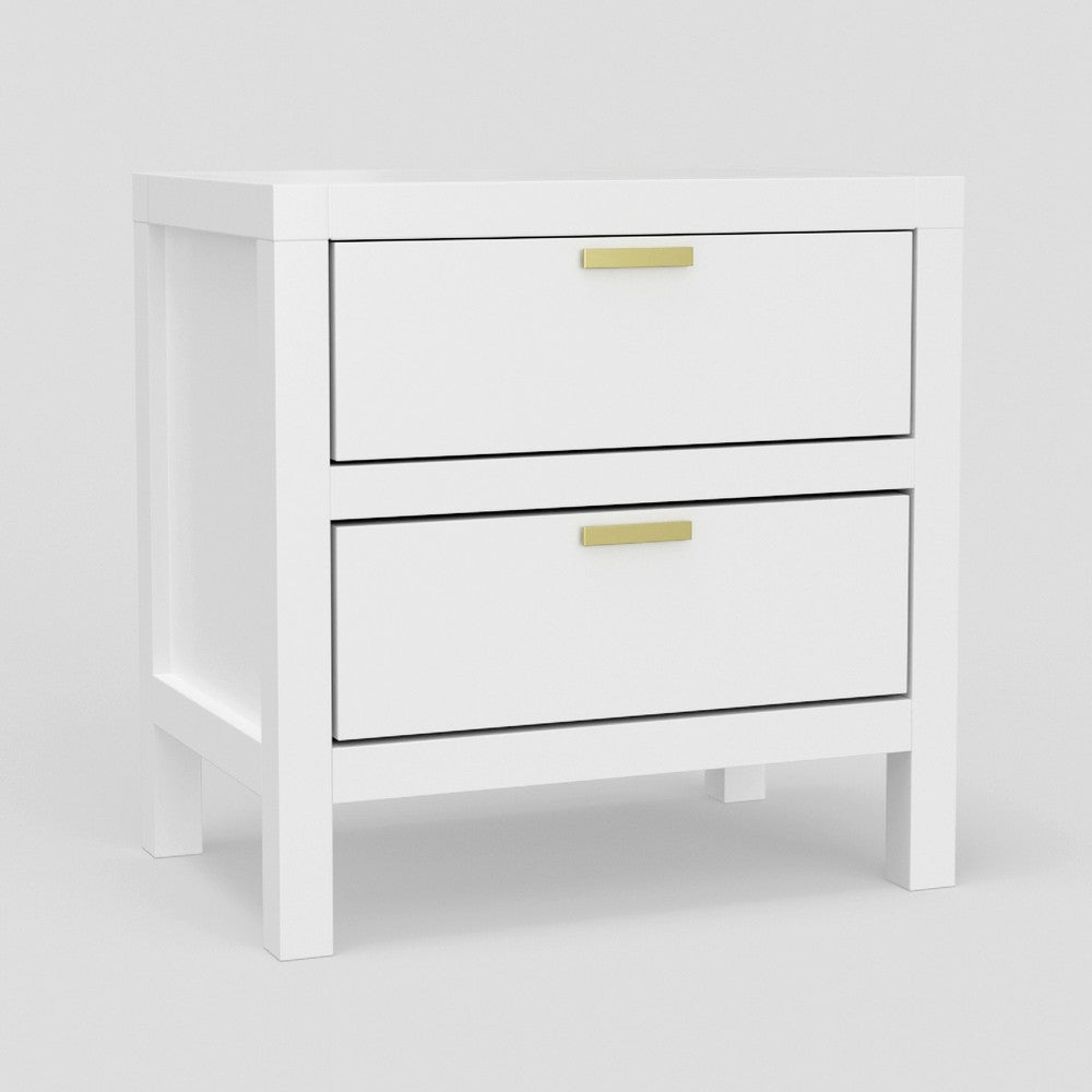 Fery Nightstand, 2 Drawers, Gold Metal Handles, White Solid Pine Wood -BM333191