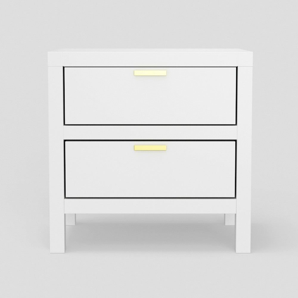 Fery Nightstand, 2 Drawers, Gold Metal Handles, White Solid Pine Wood -BM333191