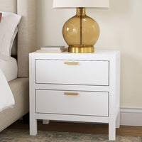 Fery Nightstand, 2 Drawers, Gold Metal Handles, White Solid Pine Wood -BM333191
