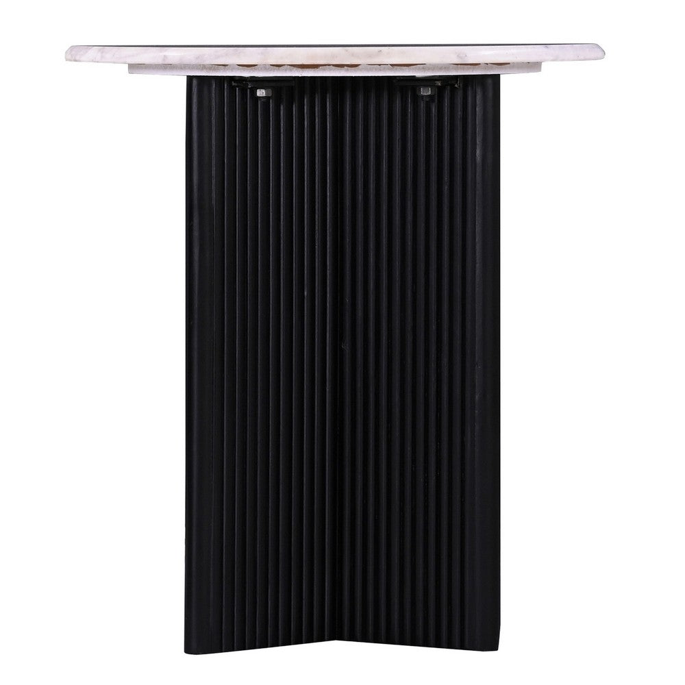 Pryz Side End Table, 20 Inch Marble Top, Mango Wood, Black Pedestal -BM333391