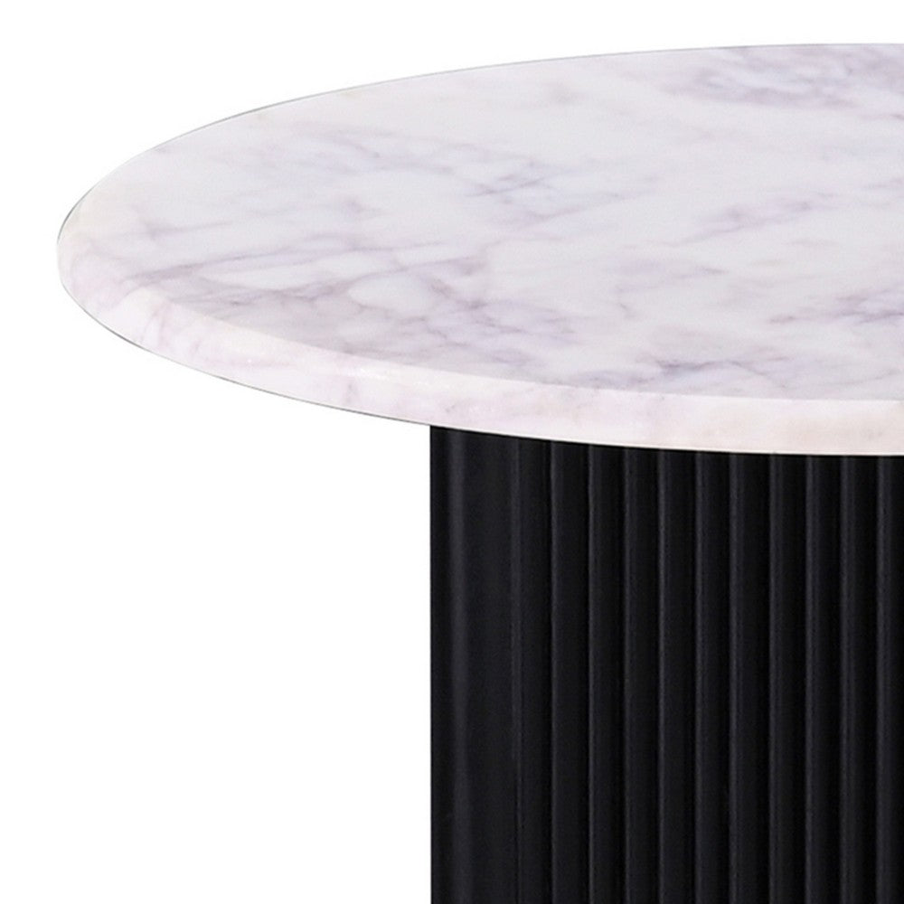 Pryz Side End Table, 20 Inch Marble Top, Mango Wood, Black Pedestal -BM333391