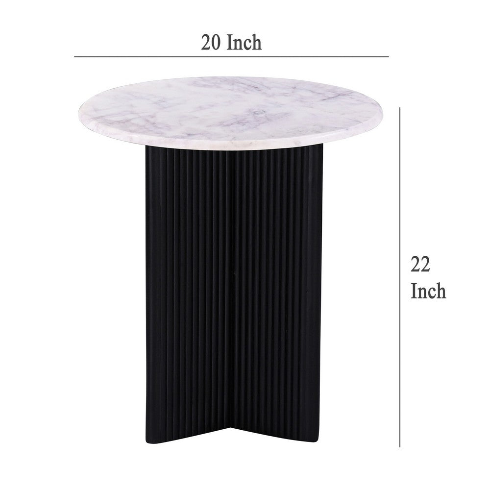 Pryz Side End Table, 20 Inch Marble Top, Mango Wood, Black Pedestal -BM333391