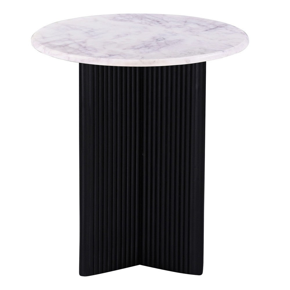 Pryz Side End Table, 20 Inch Marble Top, Mango Wood, Black Pedestal -BM333391