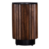 Ryx Side End Table, 12 Inch Round Black Marble Top, Acacia Wood Base -BM333393