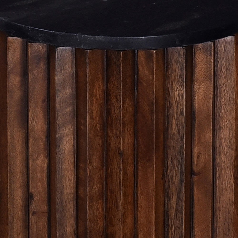 Ryx Side End Table, 12 Inch Round Black Marble Top, Acacia Wood Base -BM333393