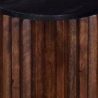 Ryx Side End Table, 12 Inch Round Black Marble Top, Acacia Wood Base -BM333393