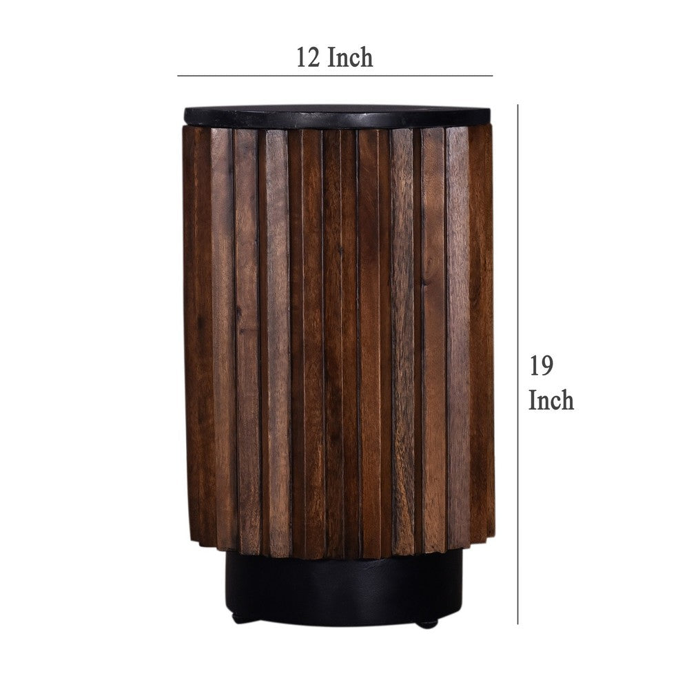 Ryx Side End Table, 12 Inch Round Black Marble Top, Acacia Wood Base -BM333393