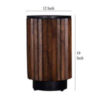 Ryx Side End Table, 12 Inch Round Black Marble Top, Acacia Wood Base -BM333393