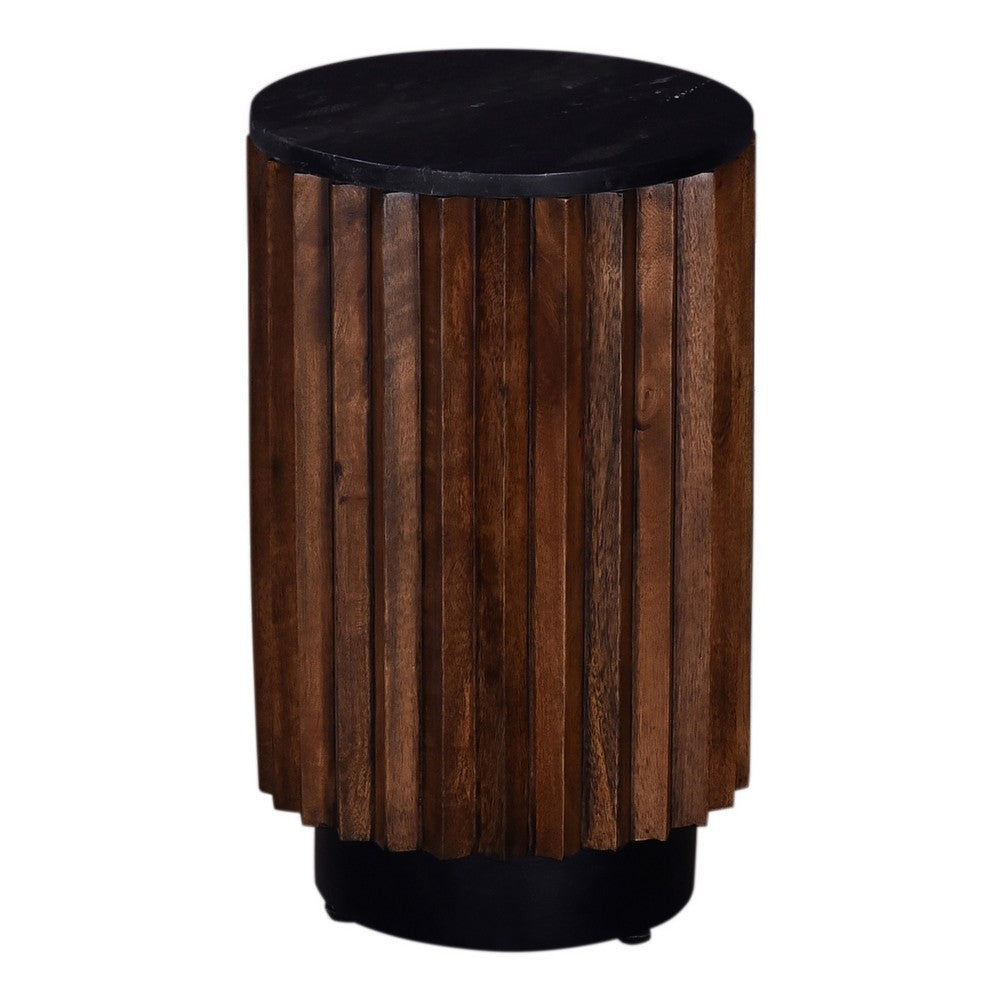 Ryx Side End Table, 12 Inch Round Black Marble Top, Acacia Wood Base -BM333393