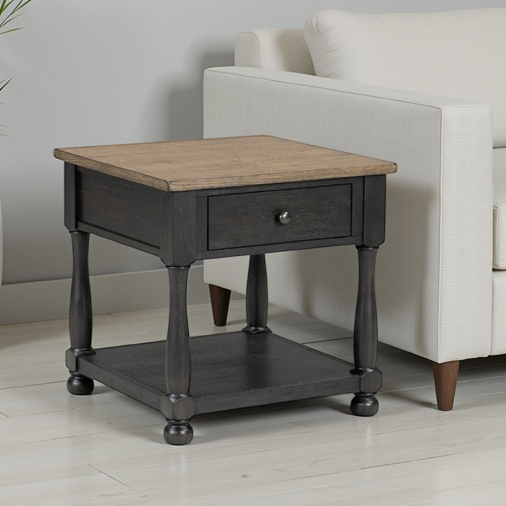 Ginie End Table, 1 Drawer, Black Brown Solid Rubberwood, 24 Inch -BM333750