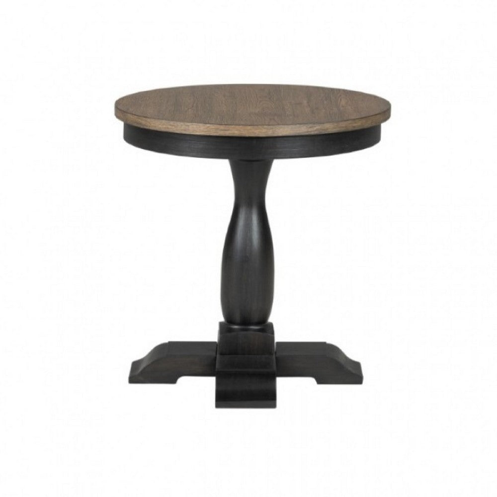 Ginie Round End Table, Rustic Black Brown Solid Rubberwood, 24 Inch -BM333751