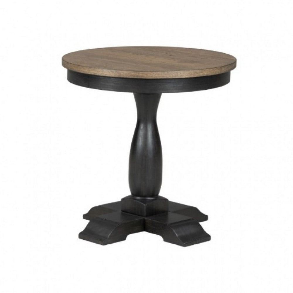 Ginie Round End Table, Rustic Black Brown Solid Rubberwood, 24 Inch -BM333751