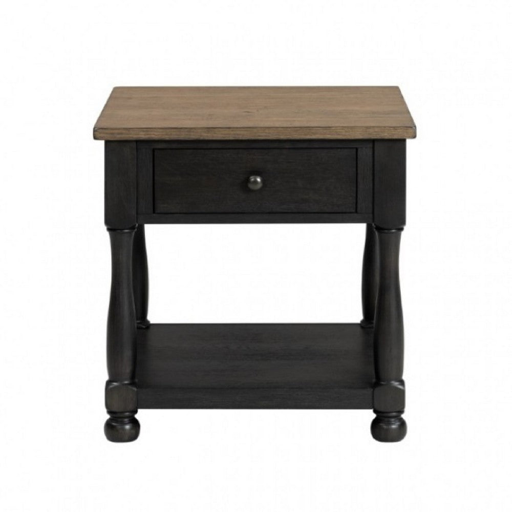 Ginie Chairside End Table, 1 Drawer, Black Brown Solid Wood, 24 Inch -BM333752