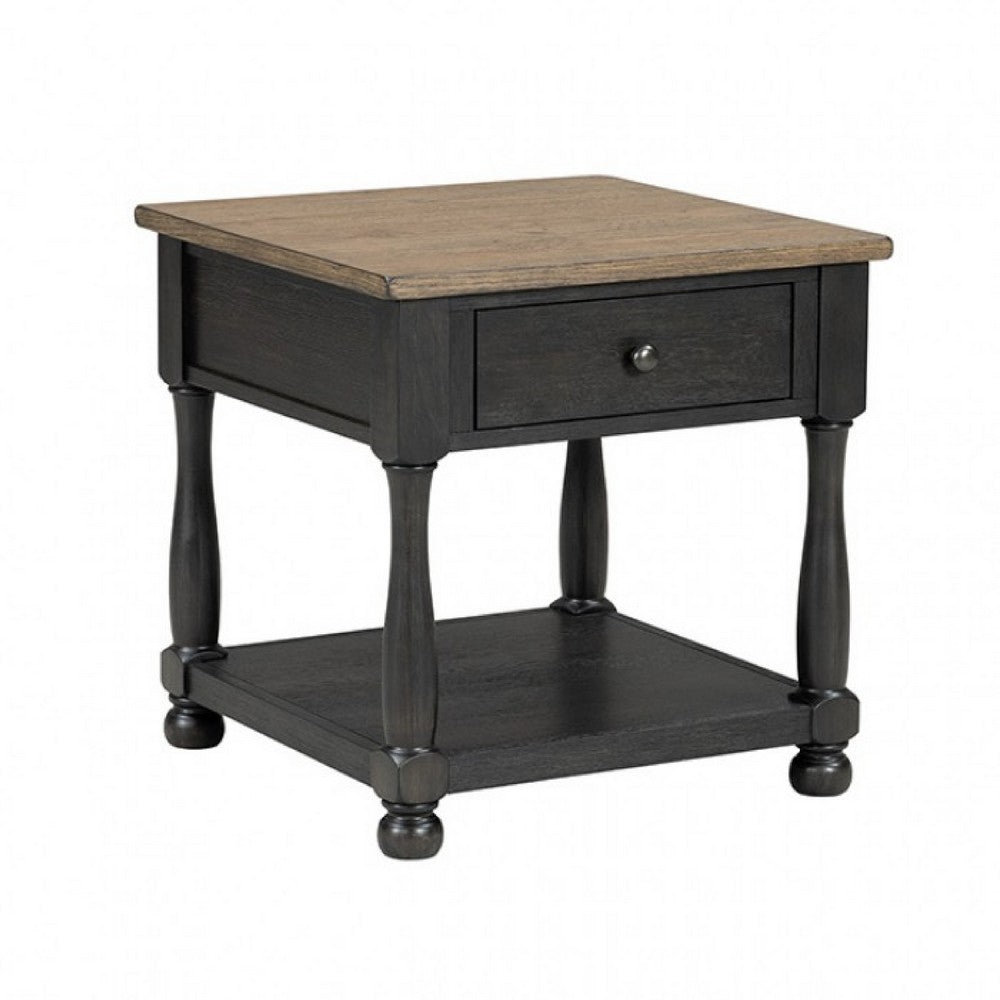 Ginie Chairside End Table, 1 Drawer, Black Brown Solid Wood, 24 Inch -BM333752