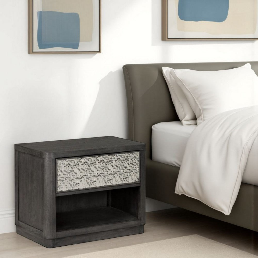 Zoko Nightstand Table with 2 USB Ports, Metal Accents, Ash Gray Wood -BM333789