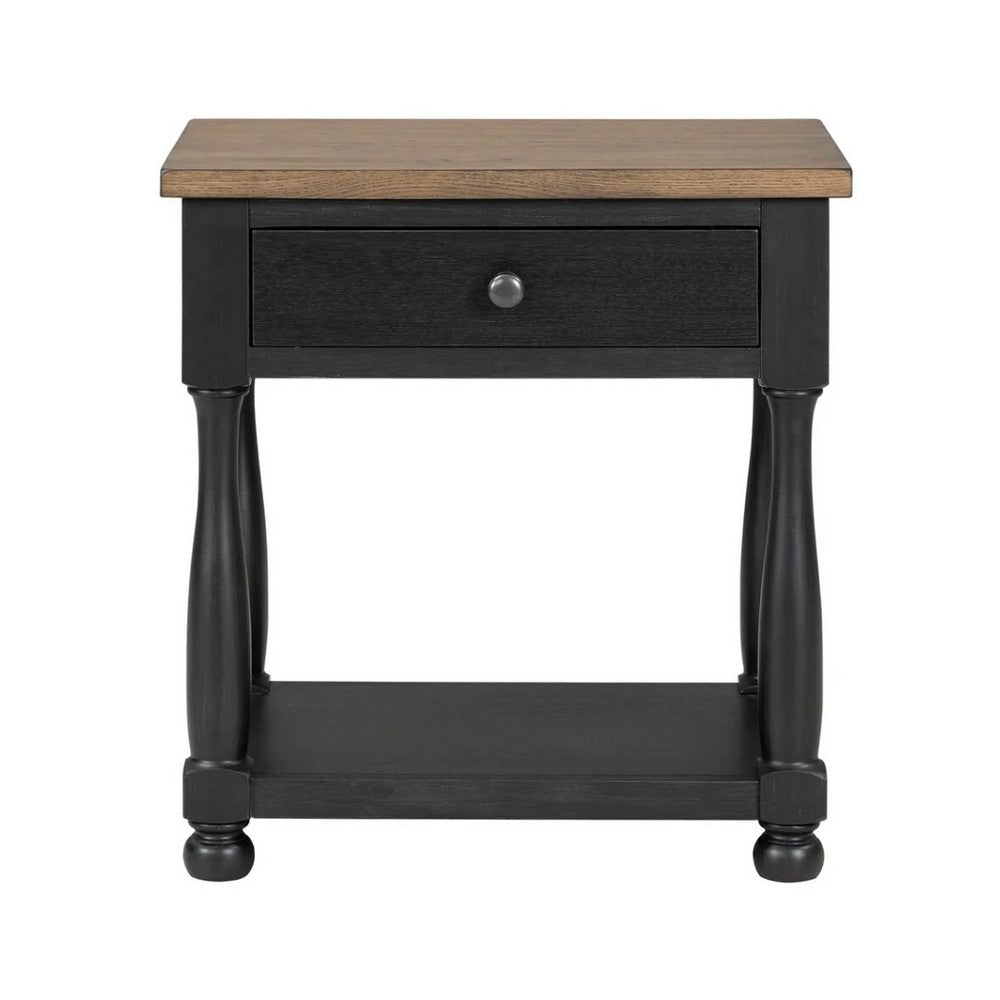 Ginie Nightstand, USB Ports and Drawer, Shelf, Black Rustic Oak Wood -BM333802