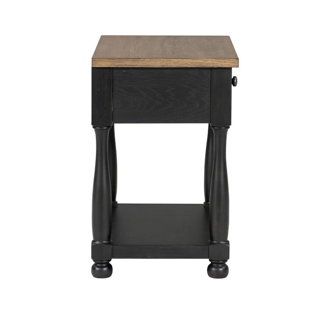 Ginie Nightstand, USB Ports and Drawer, Shelf, Black Rustic Oak Wood -BM333802