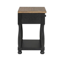 Ginie Nightstand, USB Ports and Drawer, Shelf, Black Rustic Oak Wood -BM333802