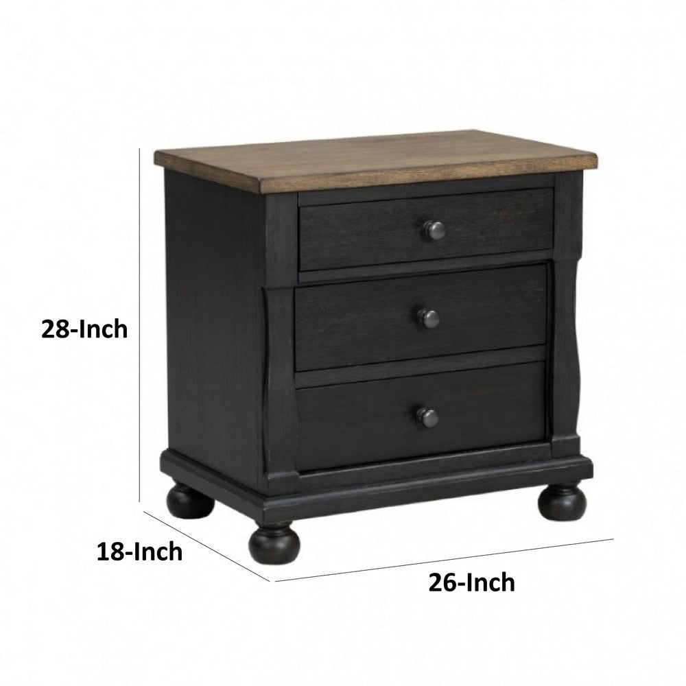 Ginie Nightstand with 2 USB Ports, 3 Drawers, Black Rustic Oak Brown -BM333803