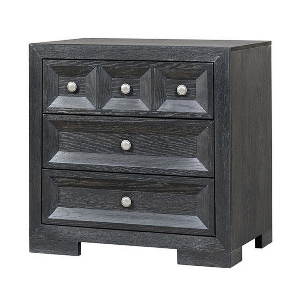 Kizie Nightstand, 3 Drawers, USB A-C, Weathered Black Wood, 28 Inch -BM333811