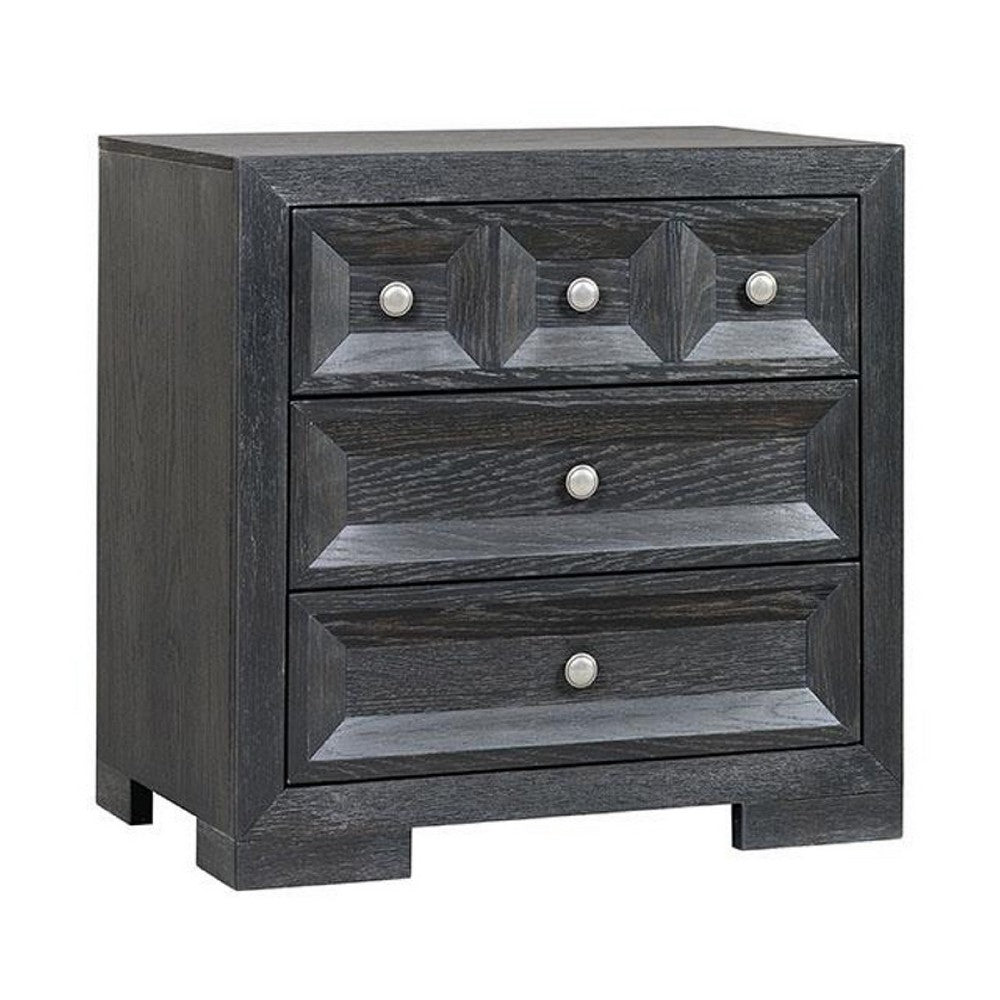 Kizie Nightstand, 3 Drawers, USB A-C, Weathered Black Wood, 28 Inch -BM333811