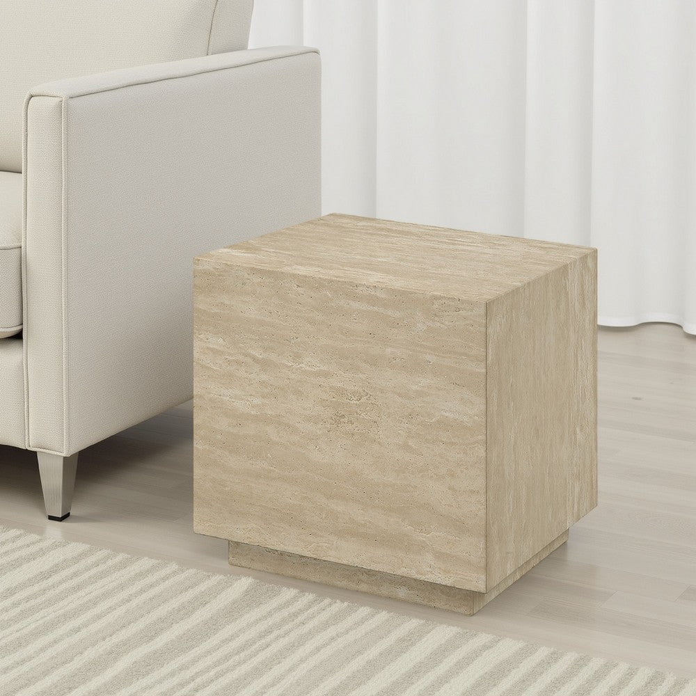 Lory Side End Table, 19 Inch Square Travertine Top, Natural Wood Beige -BM333940