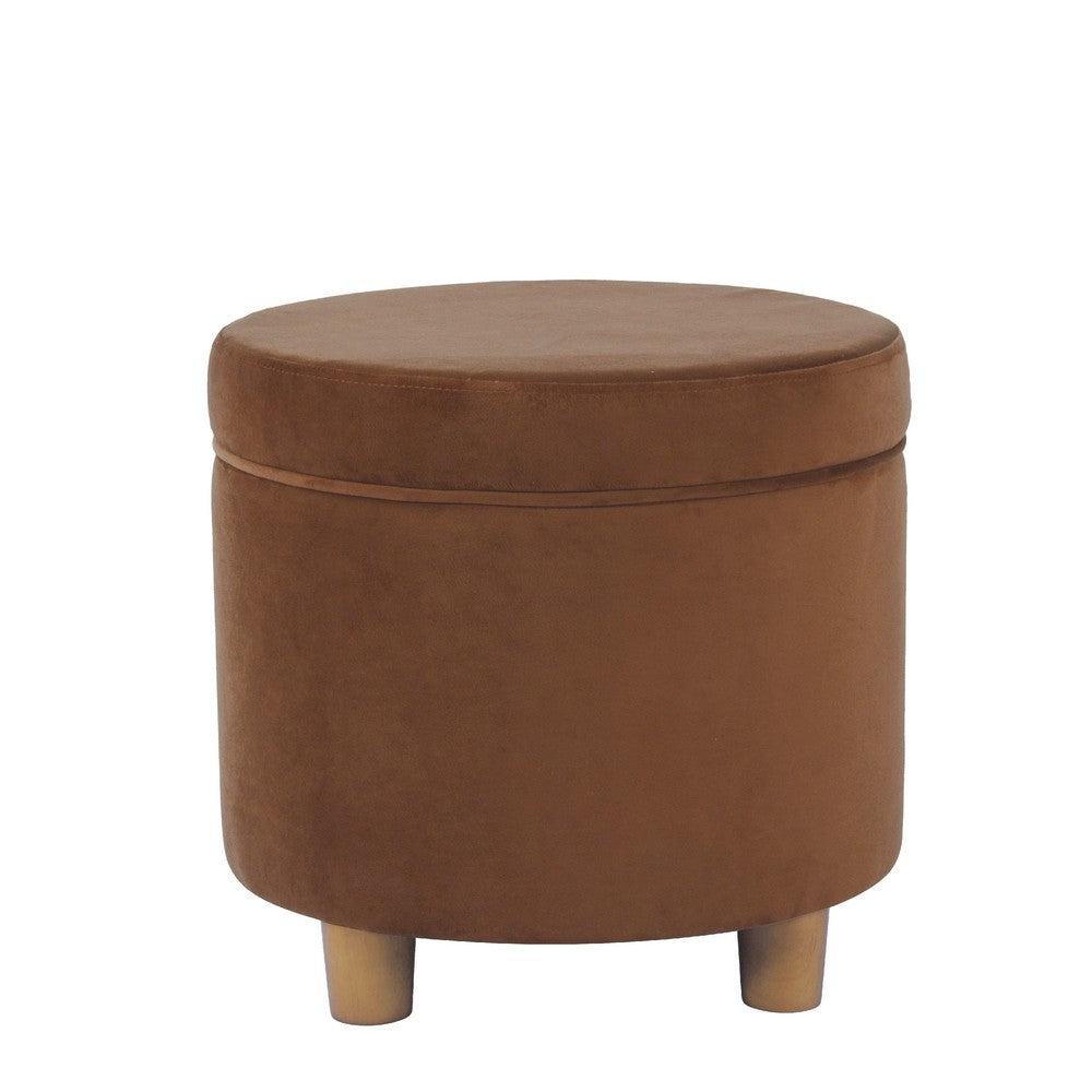 Gio Storage Ottoman, 19 Inch Round Lift Top, Spice Brown Velvet Fabric -BM334084