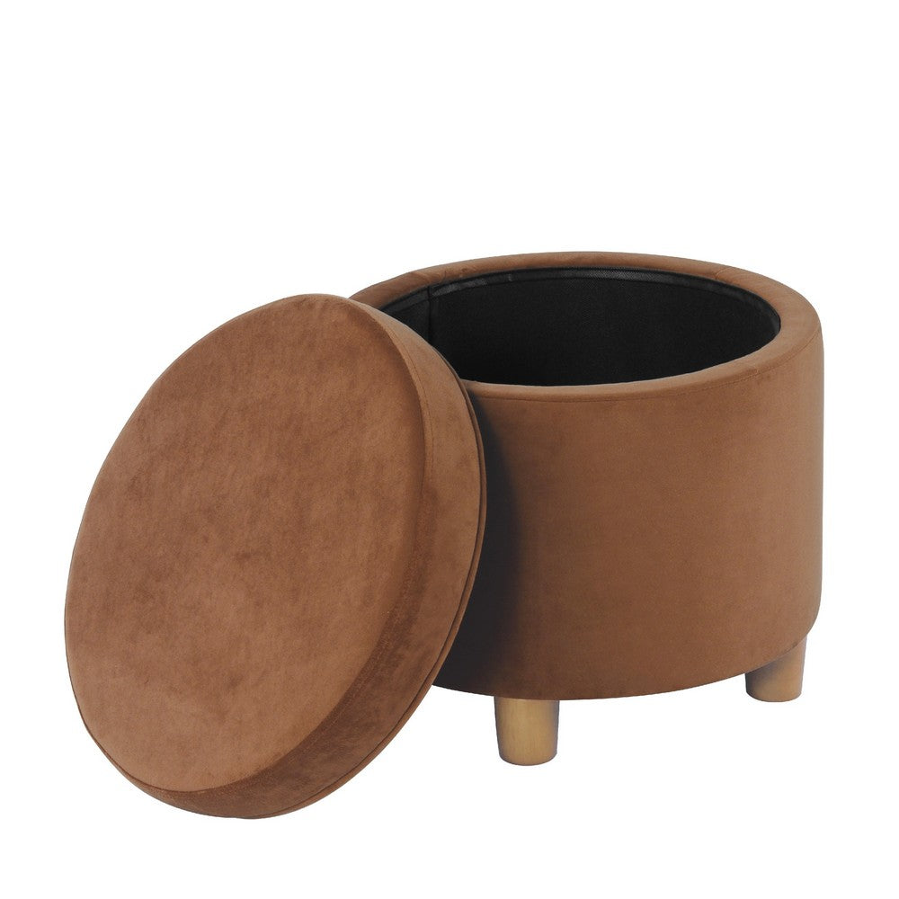 Gio Storage Ottoman, 19 Inch Round Lift Top, Spice Brown Velvet Fabric -BM334084