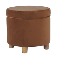 Gio Storage Ottoman, 19 Inch Round Lift Top, Spice Brown Velvet Fabric -BM334084