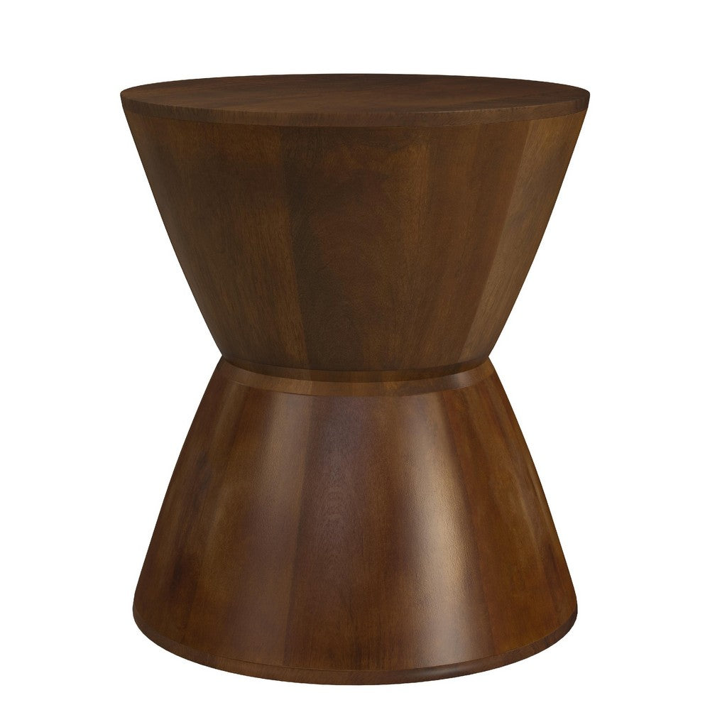 Accent Side Table, 16 Inch Round Brown Mango Wood, Hourglass Design -BM334120