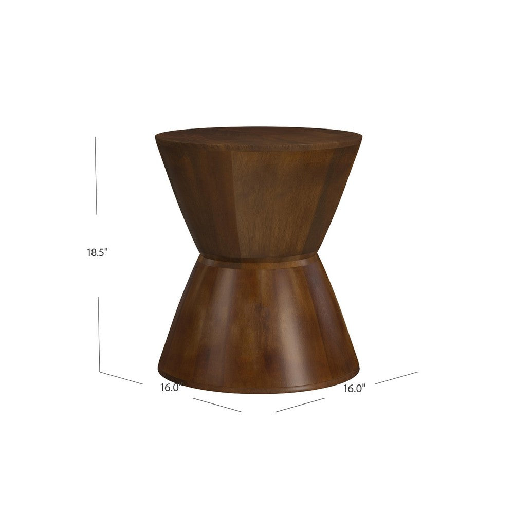 Accent Side Table, 16 Inch Round Brown Mango Wood, Hourglass Design -BM334120