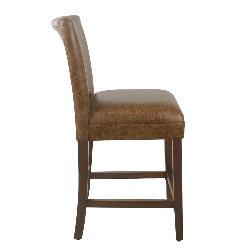 24 Inch Counter Stool Chair, Brown Wood Frame, Faux Leather Seat -BM334124