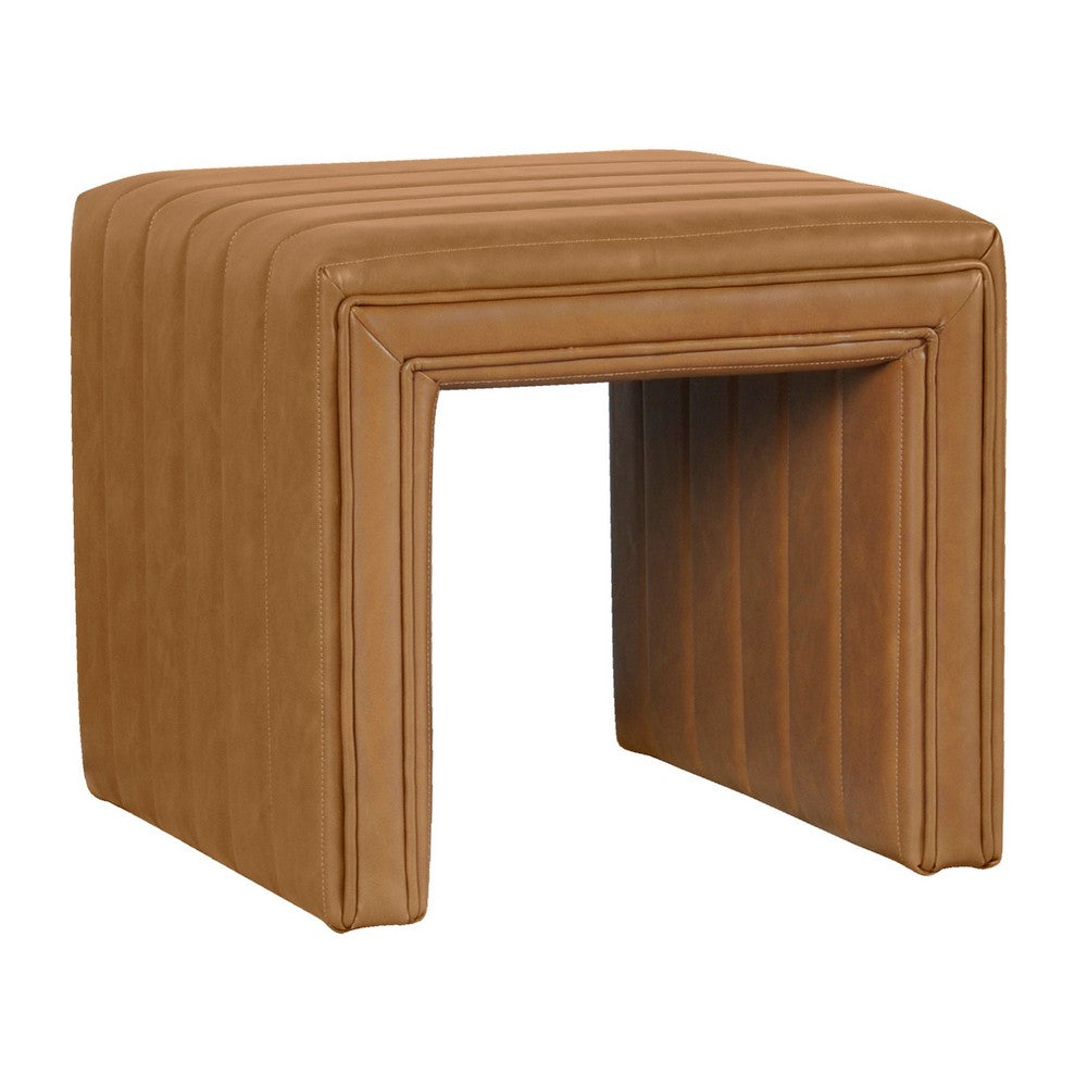 Ada Footstool Ottoman, Channel Tuft Caramel Brown Faux Leather 19 Inch -BM334153