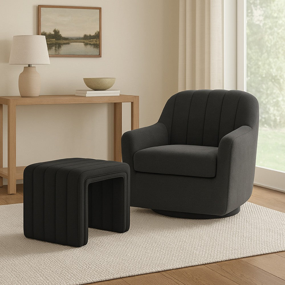 Ada Footstool Ottoman, Channel Tufted Black Faux Leather, 19 Inch -BM334155