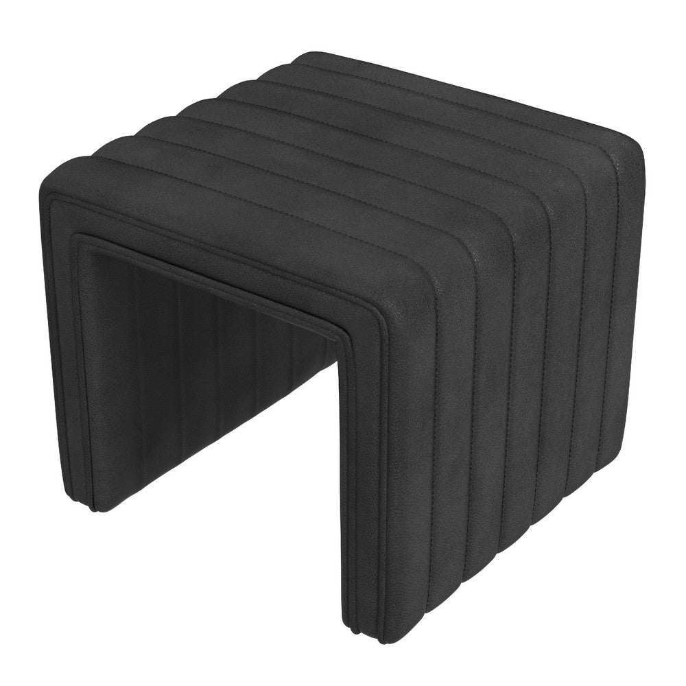 Ada Footstool Ottoman, Channel Tufted Black Faux Leather, 19 Inch -BM334155