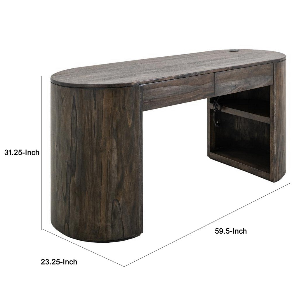 Eray Writing Desk, 2 Drawers, USB Ports, Teak, Black Wood 60 Inch -BM334240