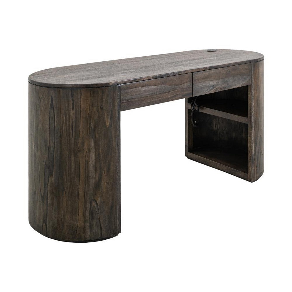 Eray Writing Desk, 2 Drawers, USB Ports, Teak, Black Wood 60 Inch -BM334240