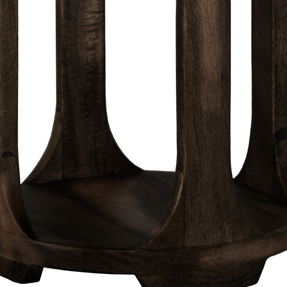 Eray Chairside Table with Shelf, Round Open Frame, Black Teak, 18 Inch -BM334250