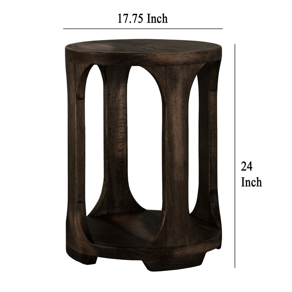 Eray Chairside Table with Shelf, Round Open Frame, Black Teak, 18 Inch -BM334250