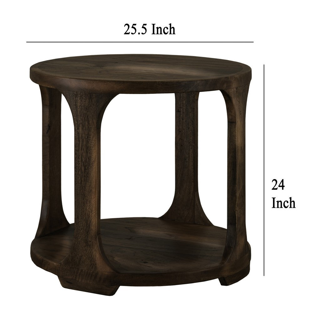 Eray Side End Table, 1 Shelf, Round Open Frame, Black Teak, 26 Inch -BM334251