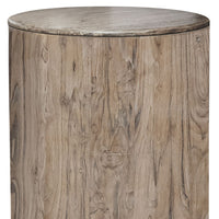 Eray Chairside Table, Drum Shape, Light Brown Teak, Mango Wood, 18 In -BM334309