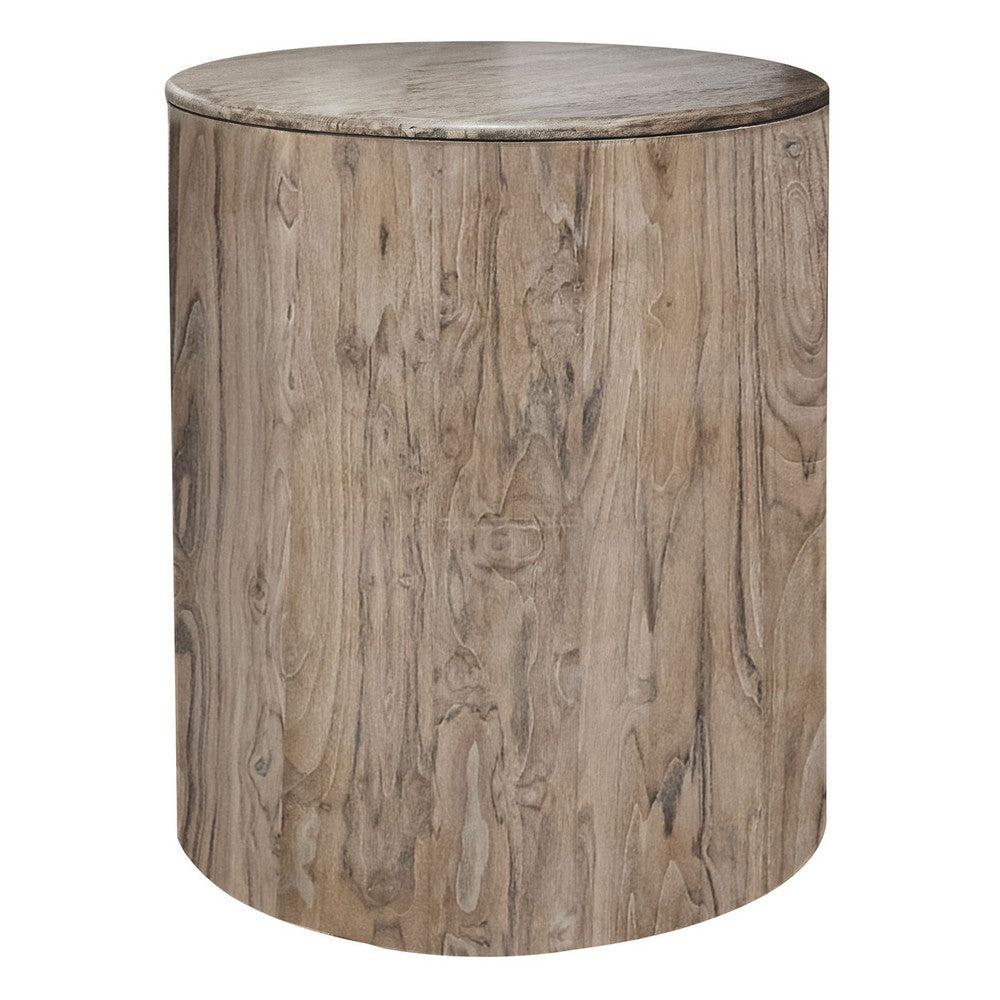 Eray Chairside Table, Drum Shape, Light Brown Teak, Mango Wood, 18 In -BM334309