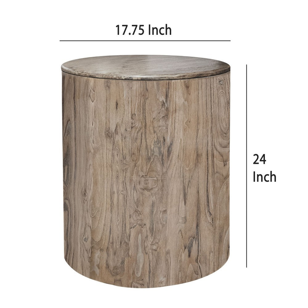 Eray Chairside Table, Drum Shape, Light Brown Teak, Mango Wood, 18 In -BM334309