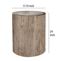 Eray Chairside Table, Drum Shape, Light Brown Teak, Mango Wood, 18 In -BM334309
