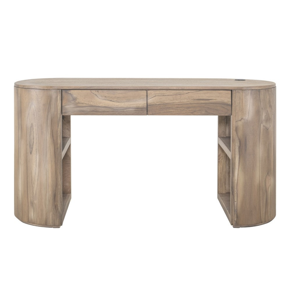 Eray Writing Desk, 2 Drawers, USB Port, Brown Teak, Mango Wood, 60 In -BM334310