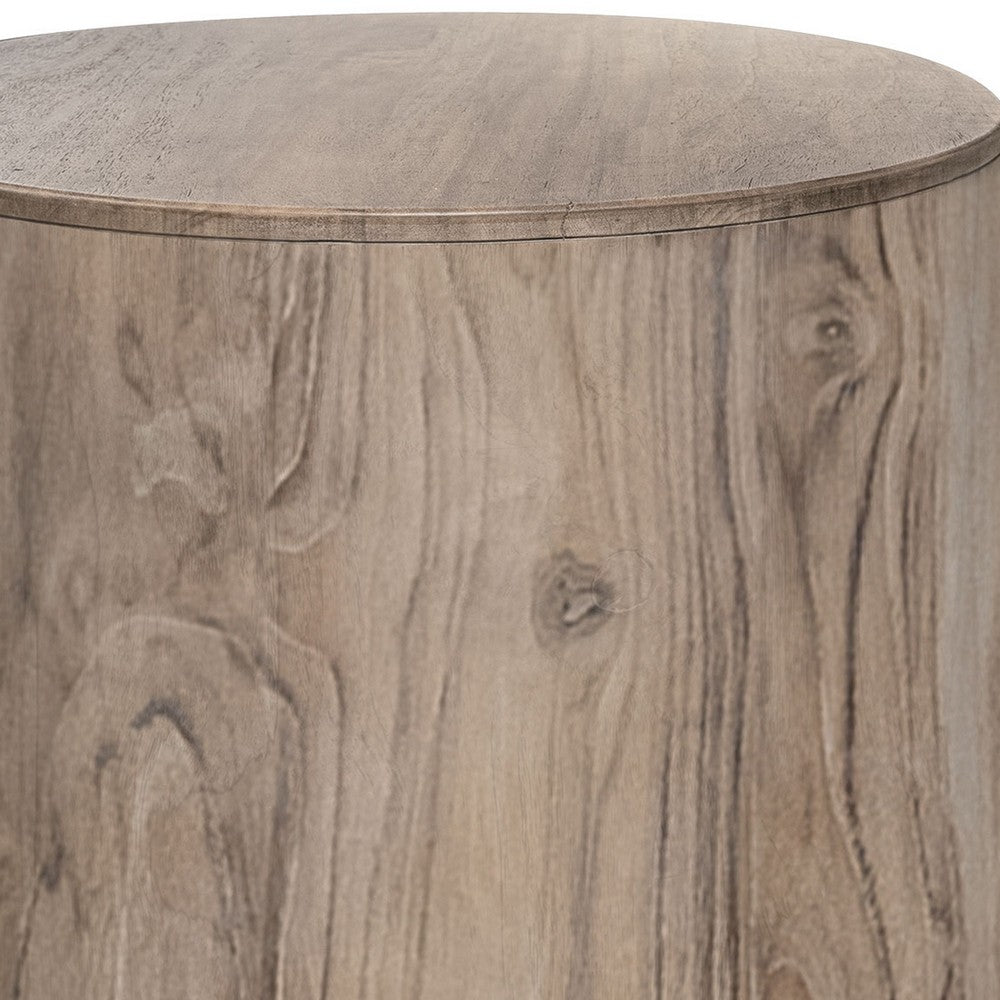 Eray Side End Table, Drum Shape Light Brown Teak, Mango Wood, 24 Inch -BM334312