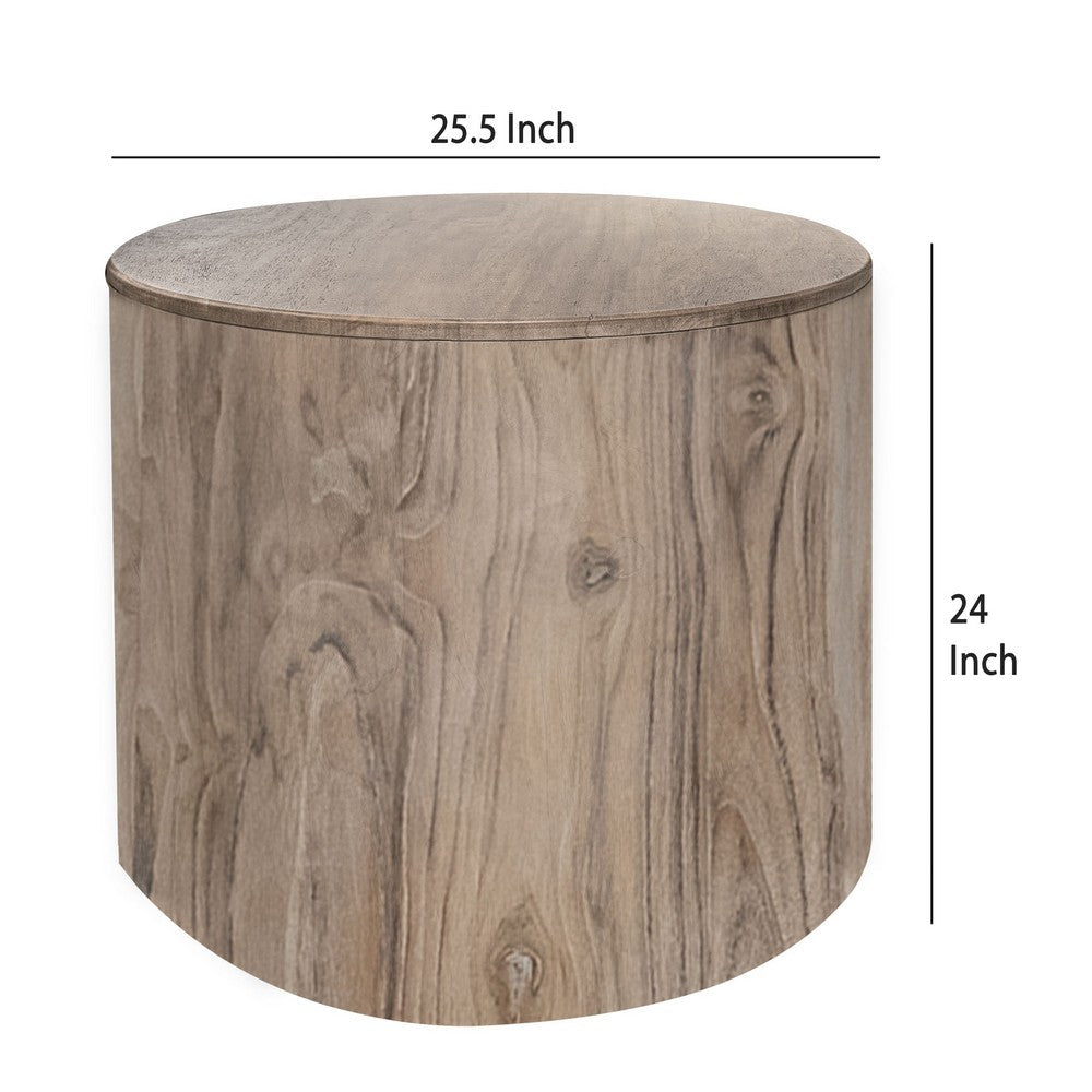 Eray Side End Table, Drum Shape Light Brown Teak, Mango Wood, 24 Inch -BM334312