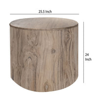 Eray Side End Table, Drum Shape Light Brown Teak, Mango Wood, 24 Inch -BM334312